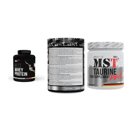 MST Marken-Trio: Best Whey Protein + Creatin Monohydrate + Taurine – alle enthaltenen Artikel