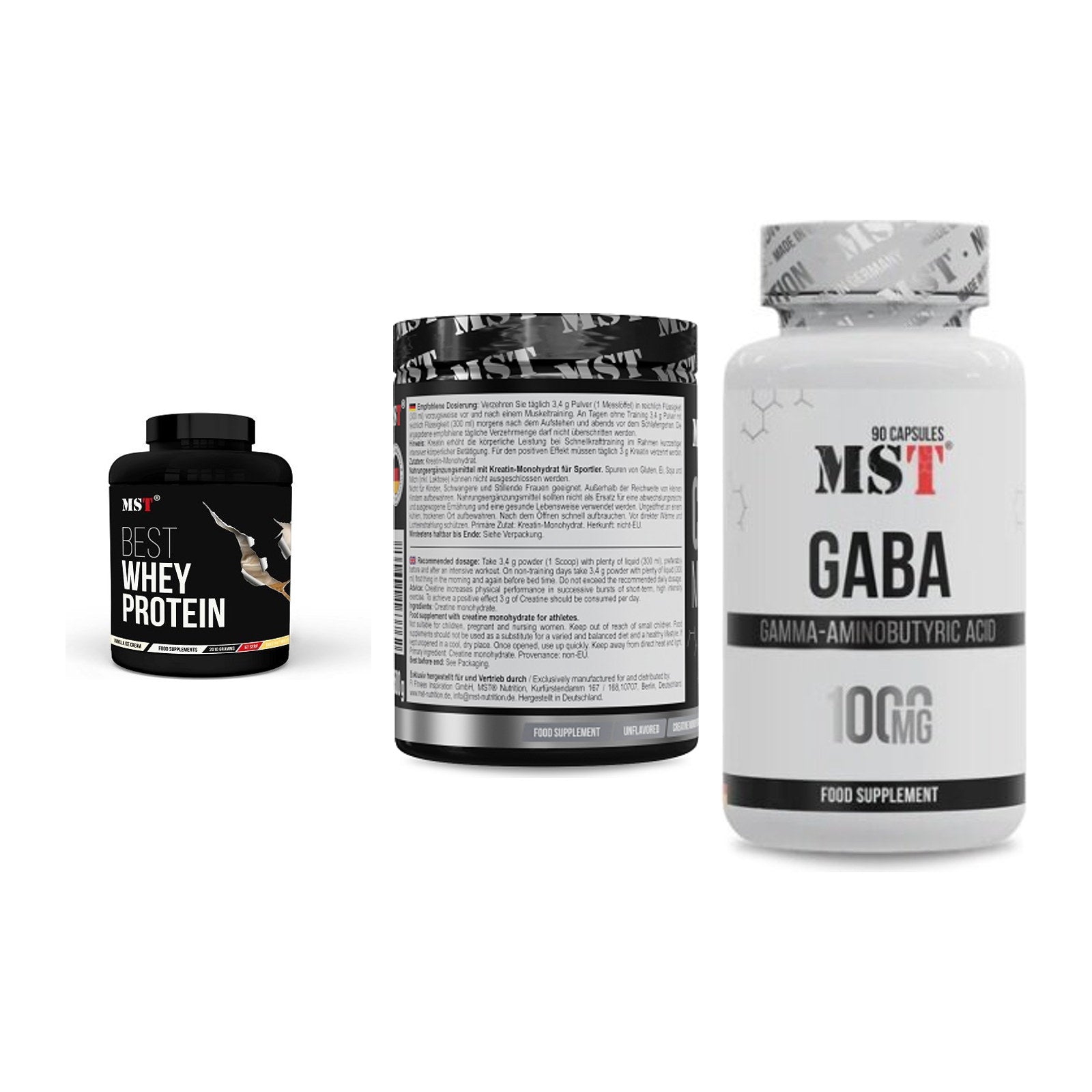 MST Marken-Trio: Best Whey Protein + Creatin Monohydrate + GABA 1000mg – alle enthaltenen Artikel