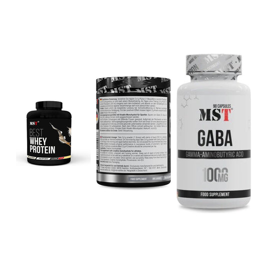 MST Marken-Trio: Best Whey Protein + Creatin Monohydrate + GABA 1000mg – alle enthaltenen Artikel