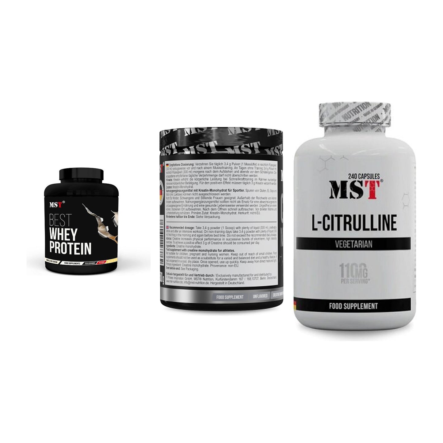 MST Marken-Trio: Best Whey Protein + Creatin Monohydrate + Citrulline – alle enthaltenen Artikel