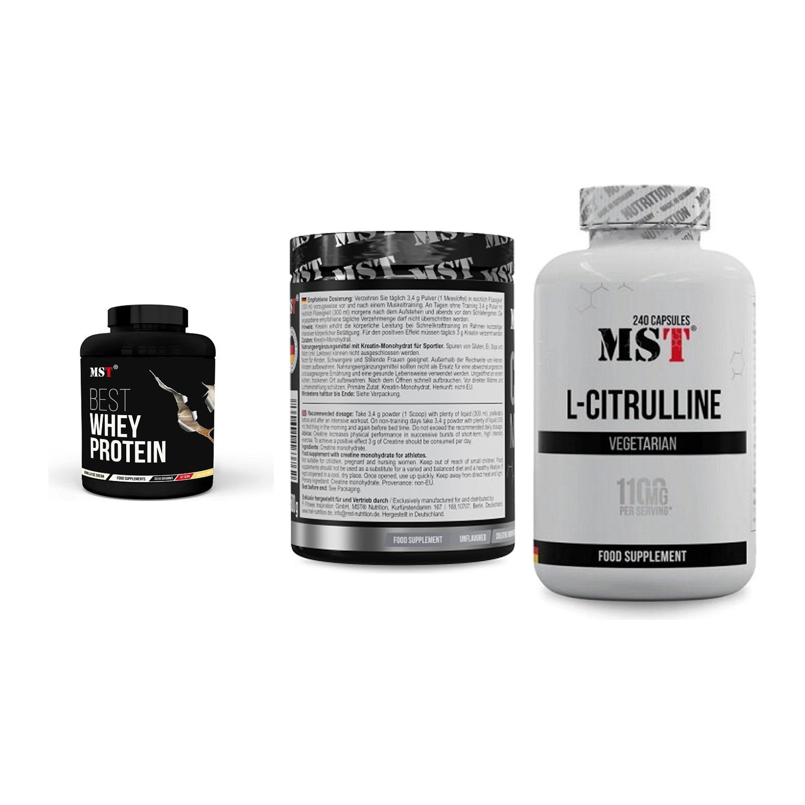 MST Marken-Trio: Best Whey Protein + Creatin Monohydrate + Citrulline – alle enthaltenen Artikel