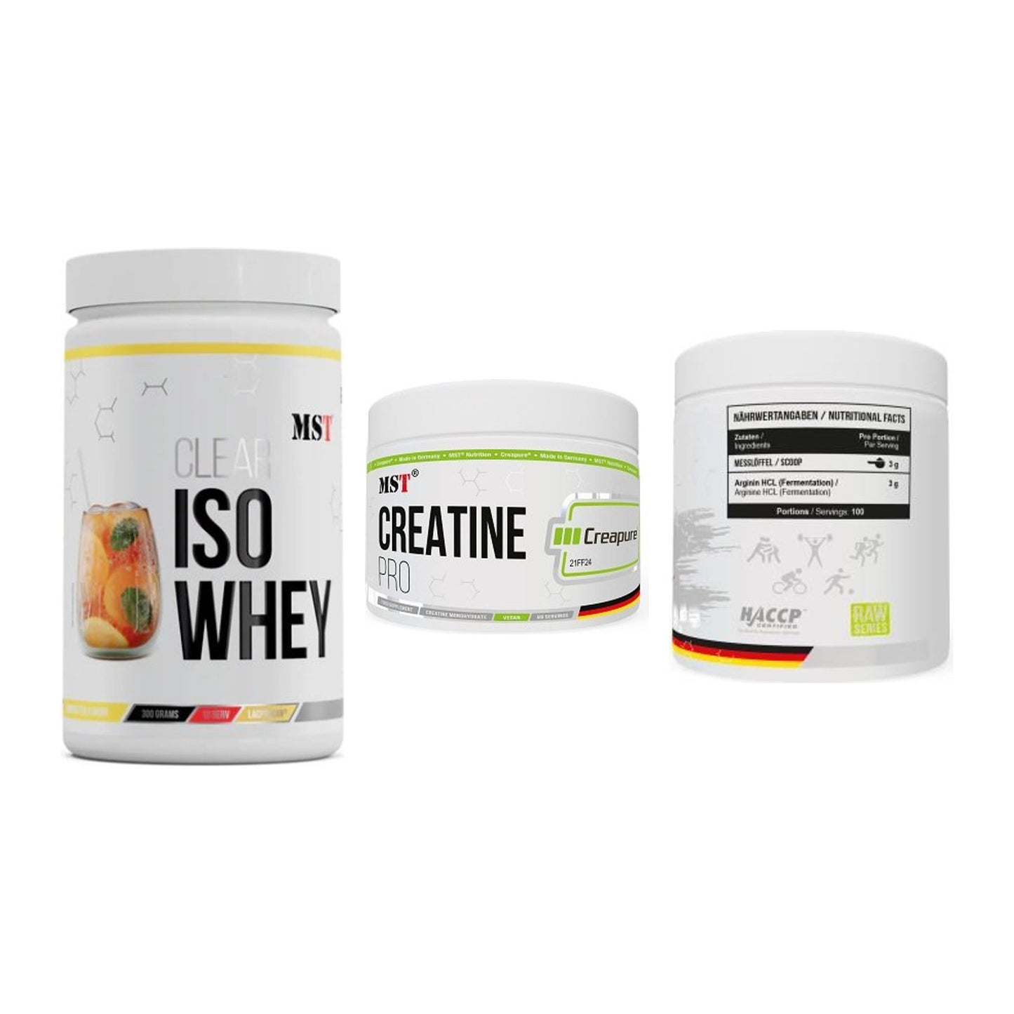 MST Marken-Trio: Iso Clear + Creatin Pro CREAPURE + Arginine HCL – alle enthaltenen Artikel