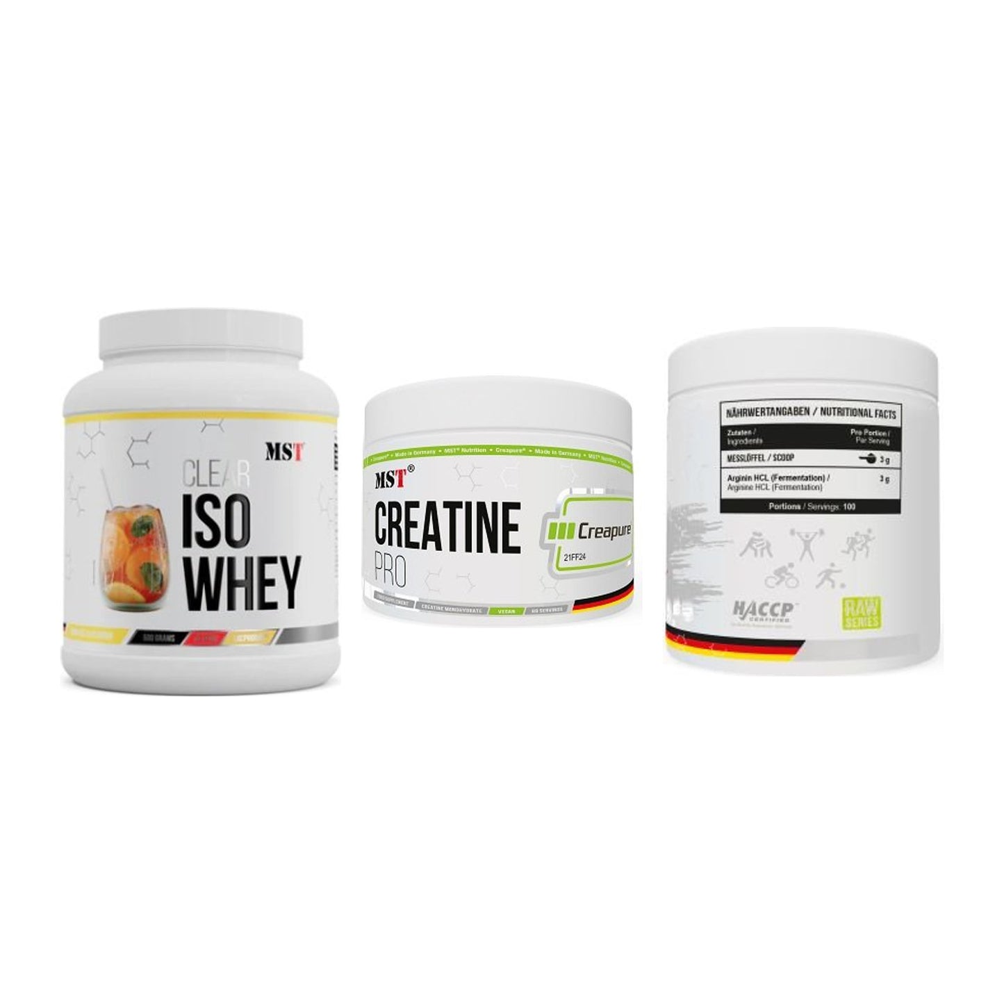 MST Marken-Trio: Iso Clear + Creatin Pro CREAPURE + Arginine HCL – alle enthaltenen Artikel