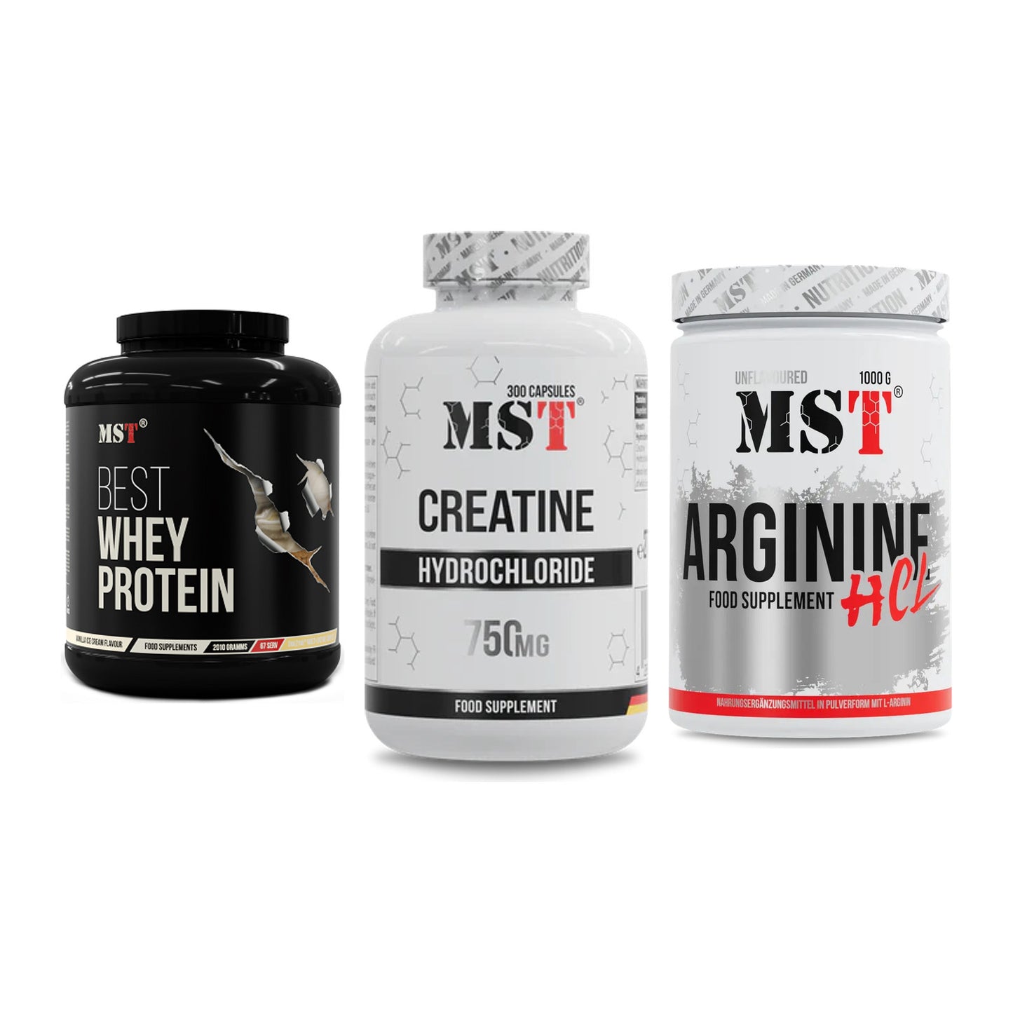 MST Marken-Trio: Best Whey Protein + Creatine HCL + Arginine HCL – alle enthaltenen Artikel