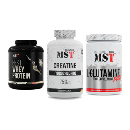 MST Marken-Trio: Best Whey Protein + Creatine HCL + Glutamine – alle enthaltenen Artikel