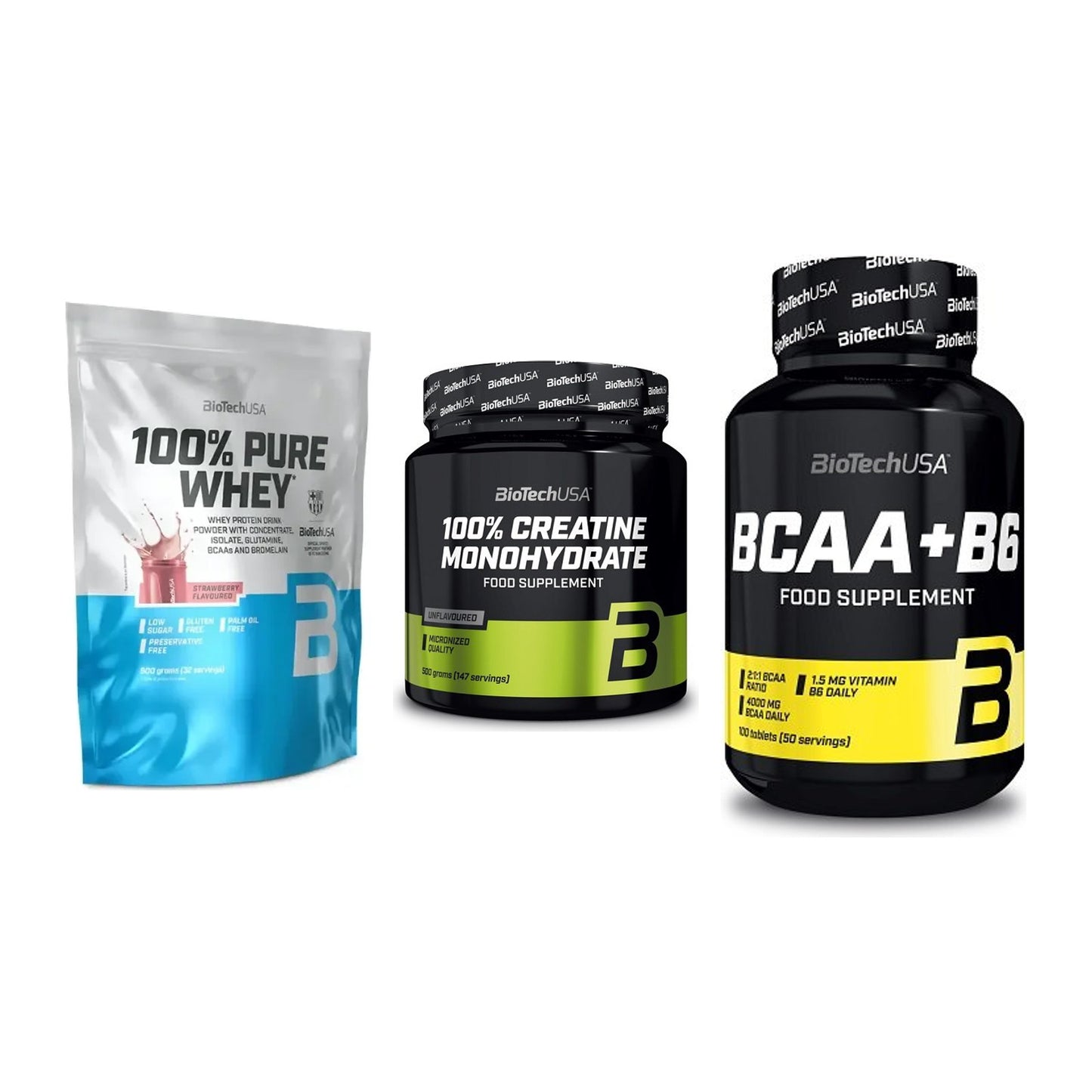 BioTech USA Marken-Trio: 100% Pure + Creatine + BCAA+B6 100 – alle enthaltenen Artikel