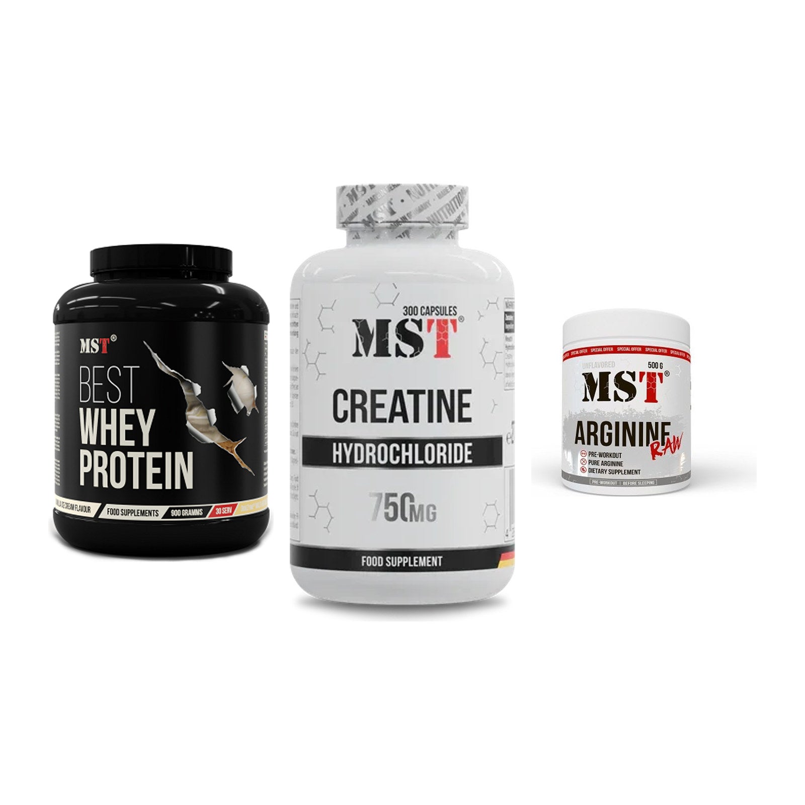 MST Marken-Trio: Best Whey Protein + Creatine HCL + Arginine RAW – alle enthaltenen Artikel