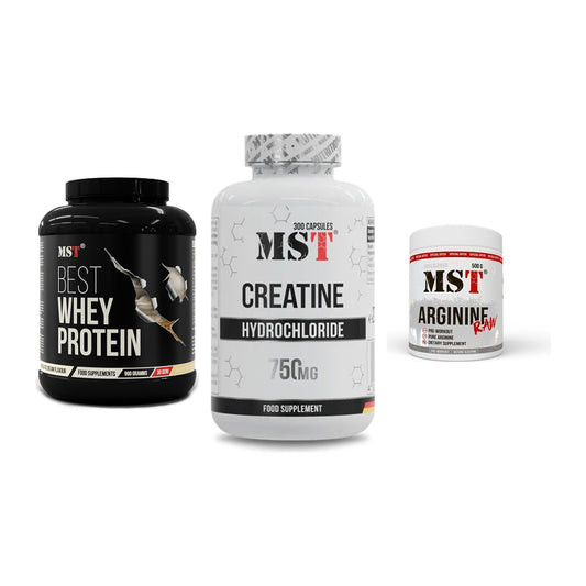 MST Marken-Trio: Best Whey Protein + Creatine HCL + Arginine RAW – alle enthaltenen Artikel