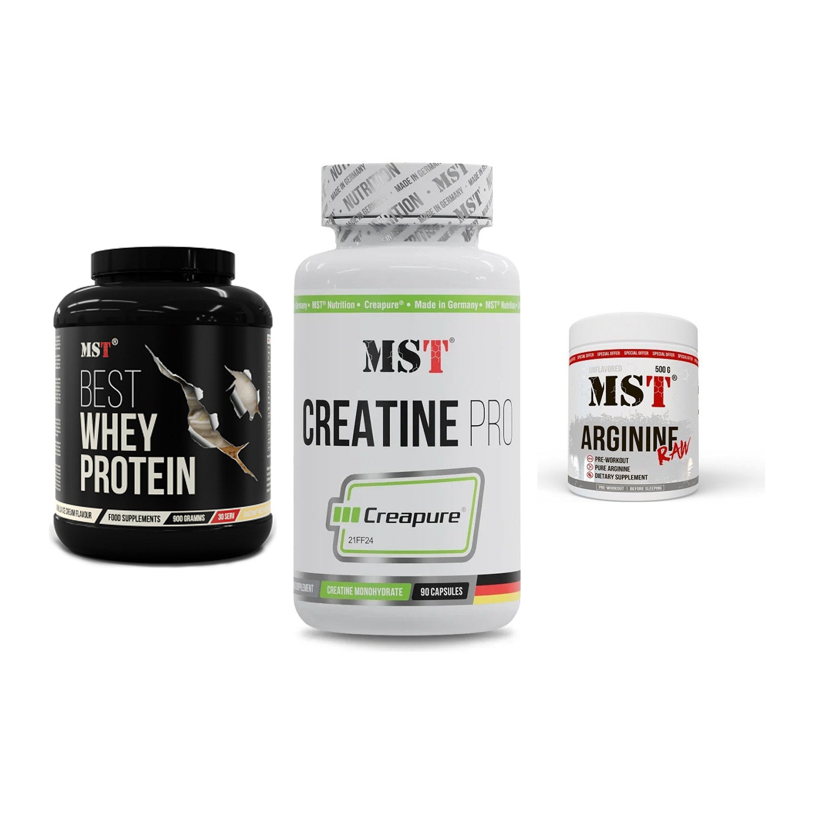 MST Marken-Trio: Best Whey + Creatine Pro + Arginine RAW – alle enthaltenen Artikel