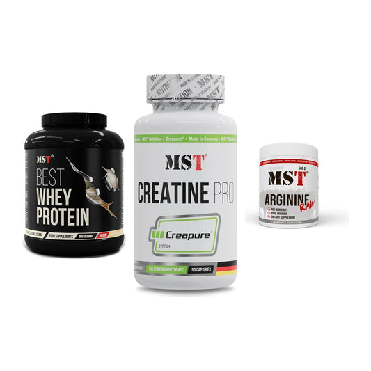 MST Marken-Trio: Best Whey + Creatine Pro + Arginine RAW – alle enthaltenen Artikel