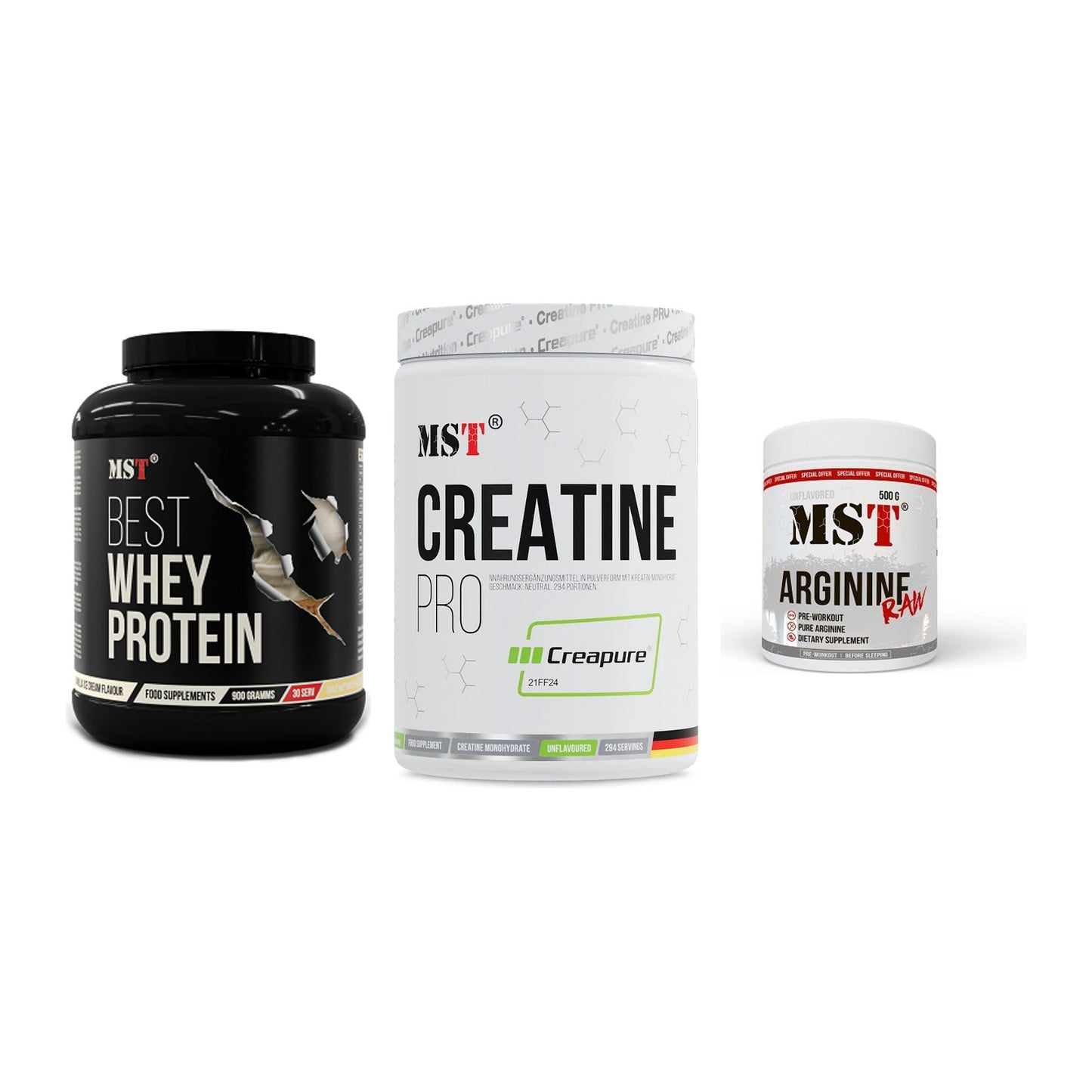 MST Marken-Trio: Best Whey + Creatin Pro + Arginine RAW – alle enthaltenen Artikel