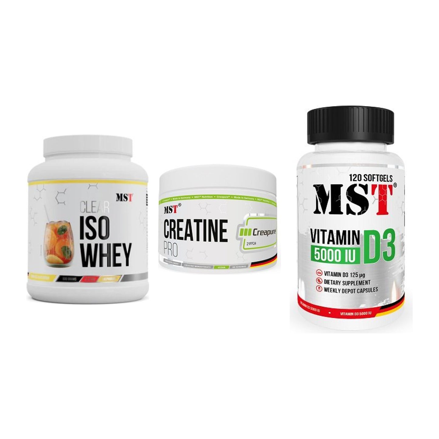 MST Marken-Trio: Iso Clear + Creatin Pro + Vitamin D3 – alle enthaltenen Artikel