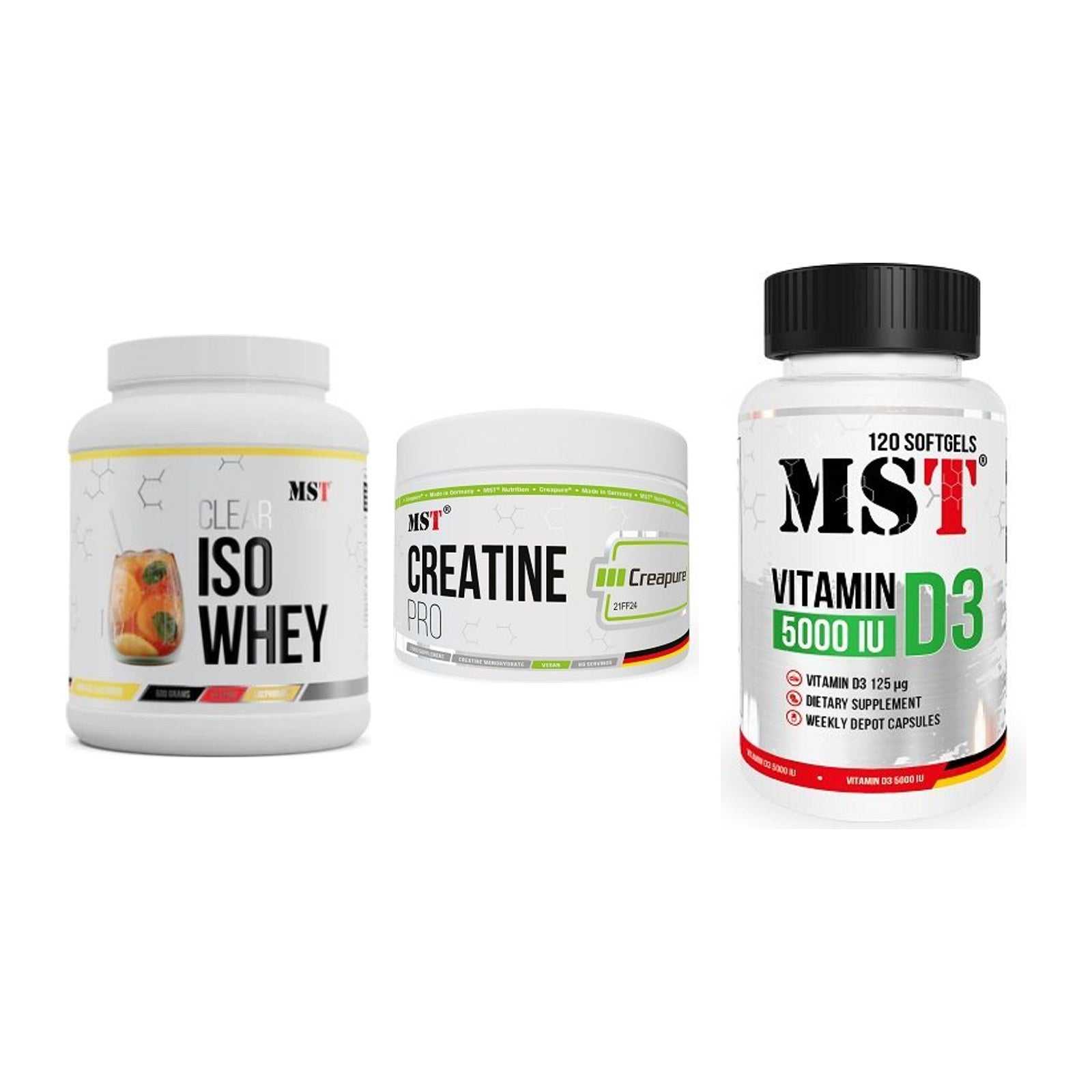 MST Marken-Trio: Iso Clear + Creatin Pro + Vitamin D3 – alle enthaltenen Artikel