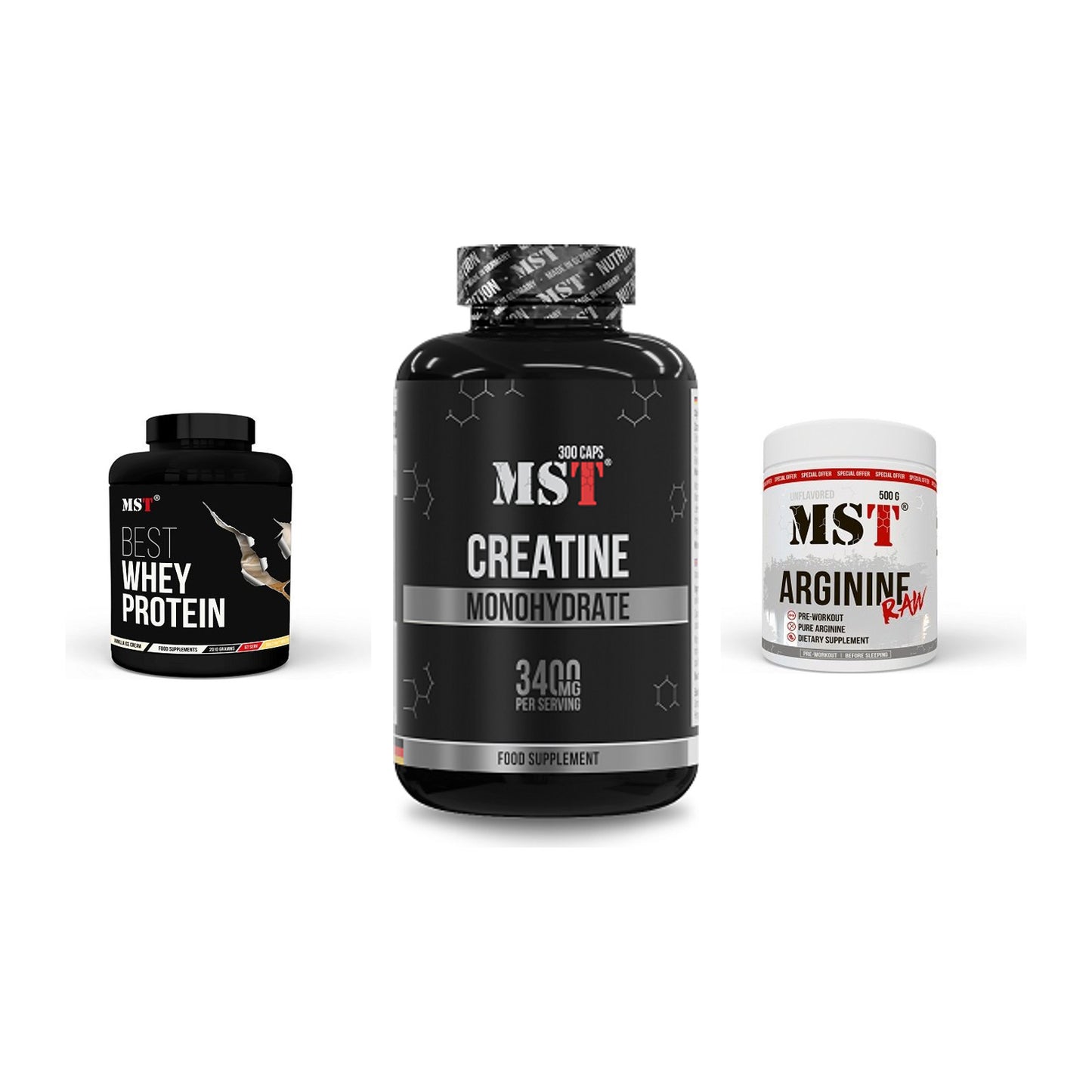MST Marken-Trio: Best Whey + Creatine + Arginine RAW – alle enthaltenen Artikel