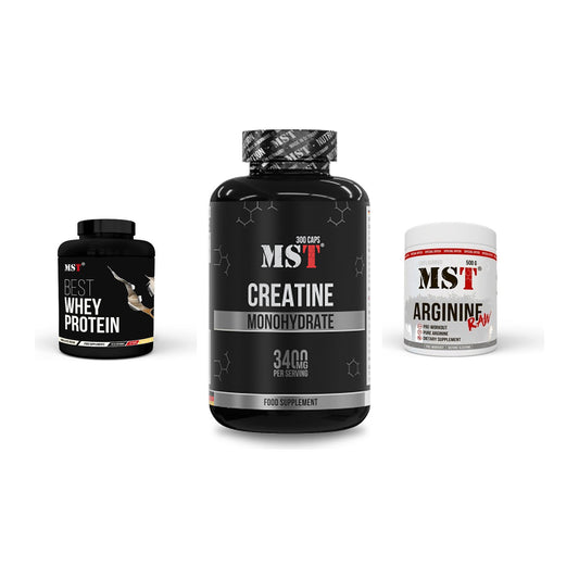 MST Marken-Trio: Best Whey + Creatine + Arginine RAW – alle enthaltenen Artikel