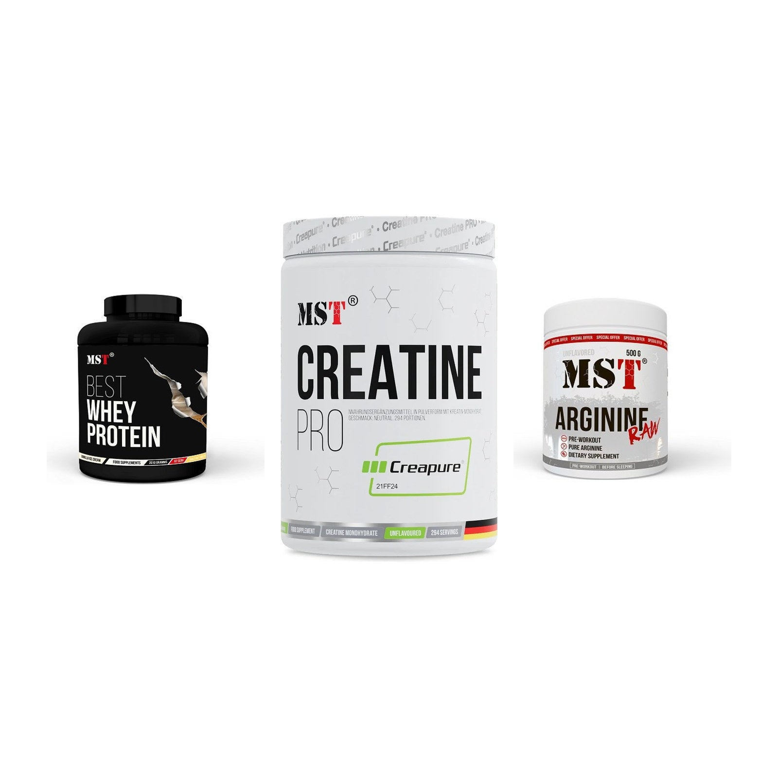 MST Marken-Trio: Best Whey + Creatin Pro + Arginine RAW – alle enthaltenen Artikel