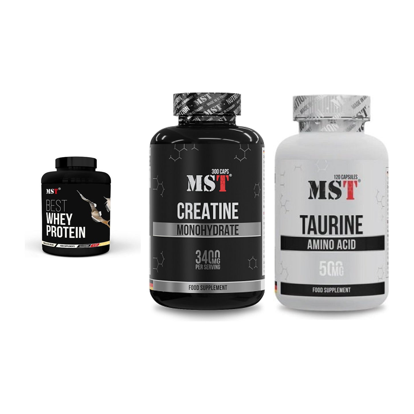 MST Marken-Trio: Best Whey Protein + Creatine Monohydrate + Taurine – alle enthaltenen Artikel