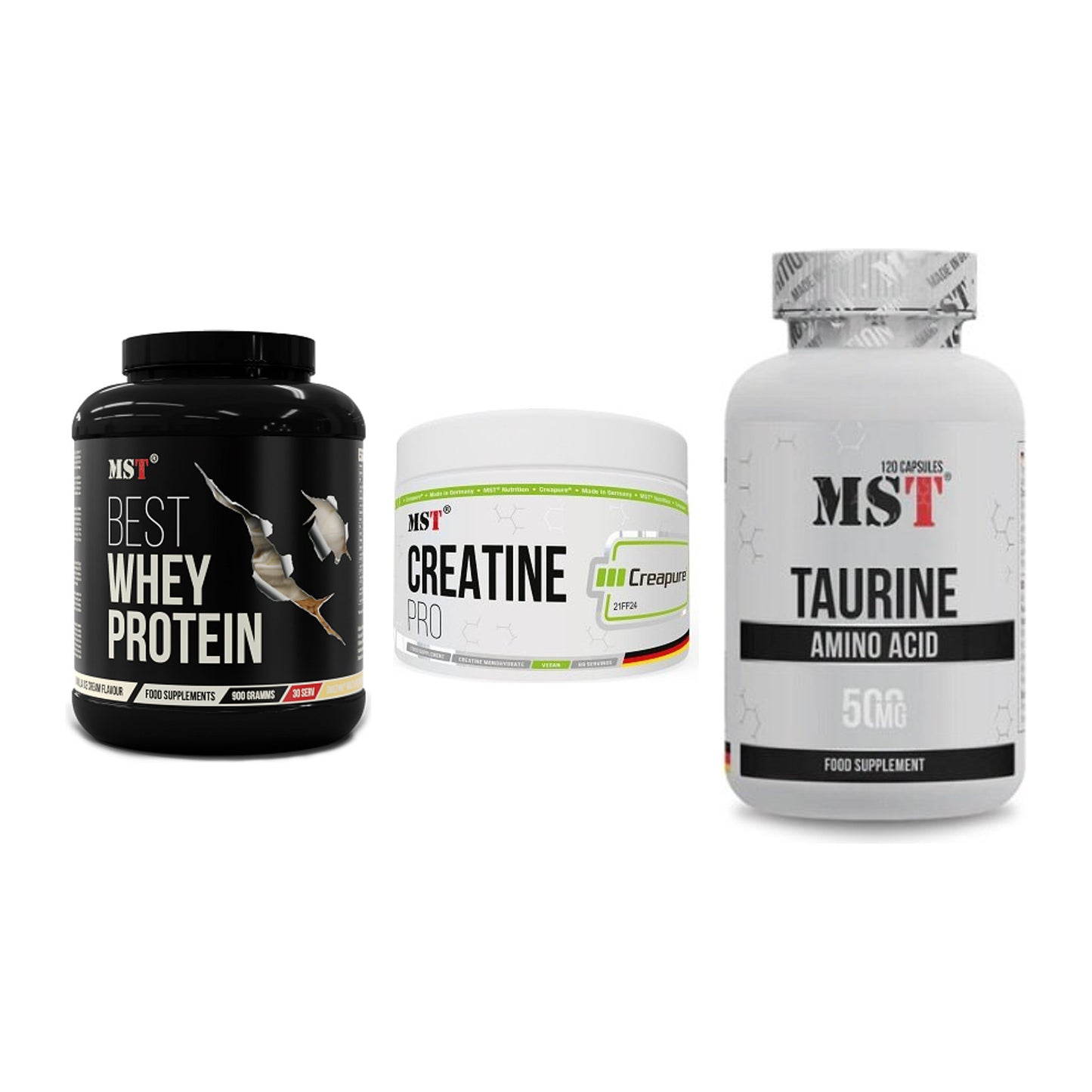 MST Marken-Trio: Best Whey Protein + Creatin Pro CREAPURE + Taurine – alle enthaltenen Artikel