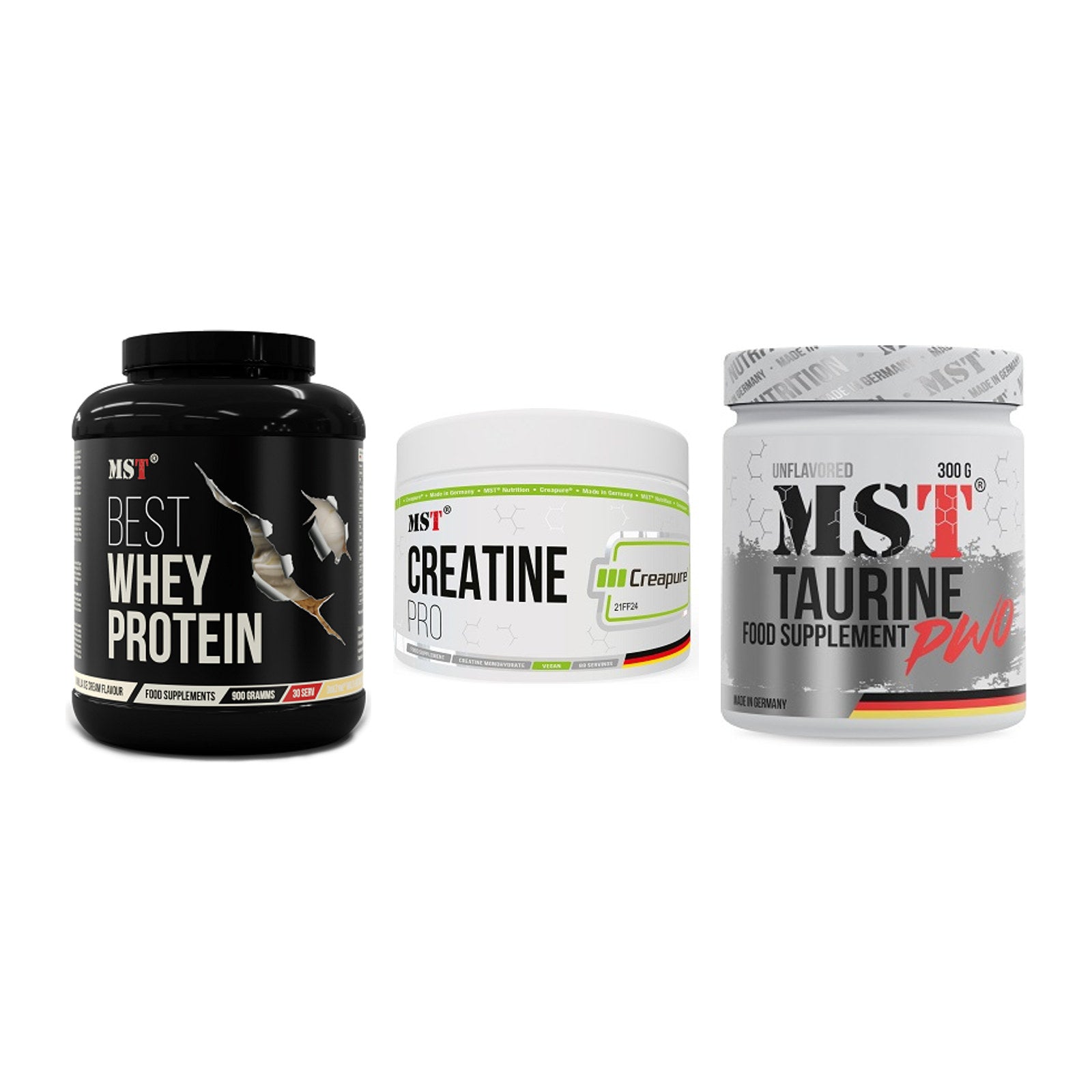 MST Marken-Trio: Best Whey Protein + Creatin Pro CREAPURE + Taurine – alle enthaltenen Artikel