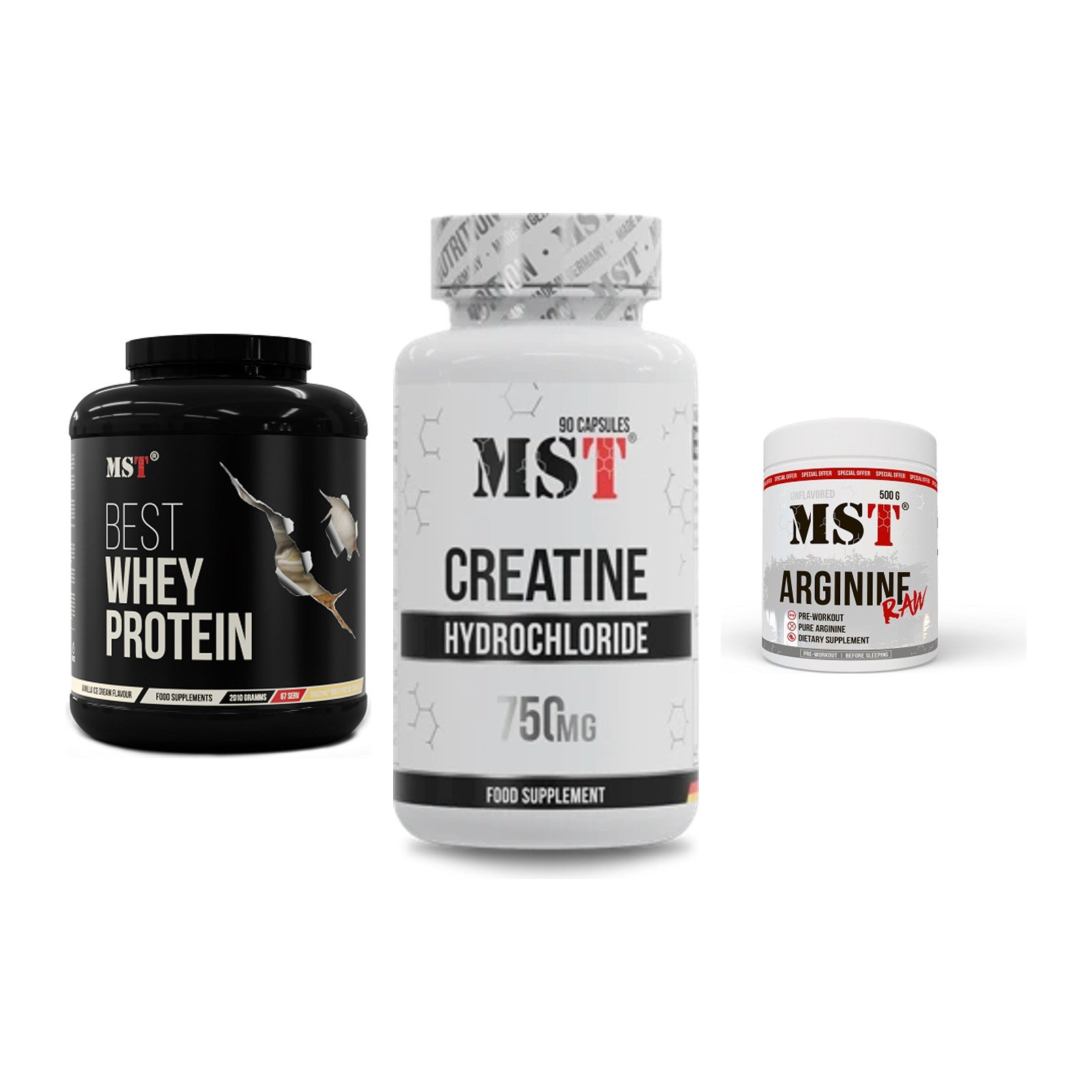 MST Marken-Trio: Best Whey Protein + Creatin HCL + Arginine RAW – alle enthaltenen Artikel