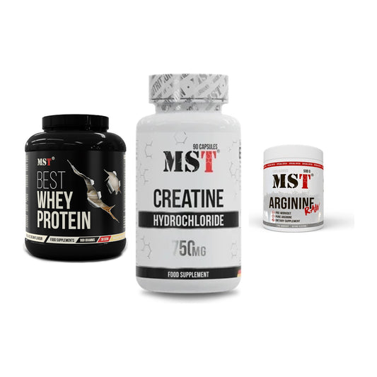 MST Marken-Trio: Best Whey Protein + Creatin HCL + Arginine RAW – alle enthaltenen Artikel