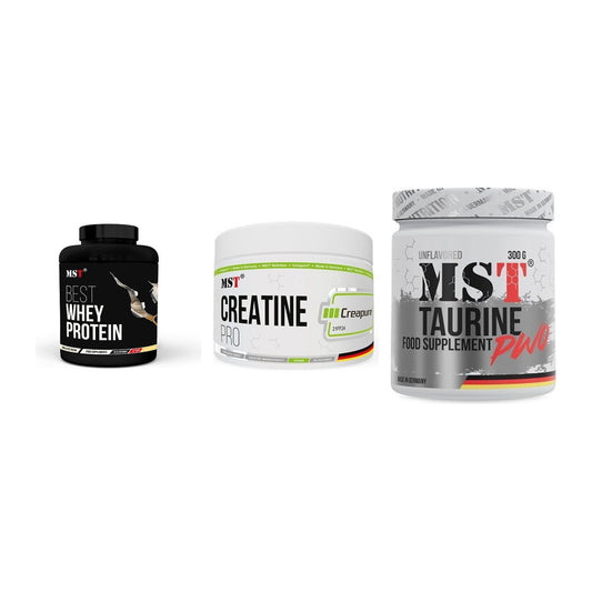 MST Marken-Trio: Best Whey Protein + Creatin Pro CREAPURE + Taurine – alle enthaltenen Artikel