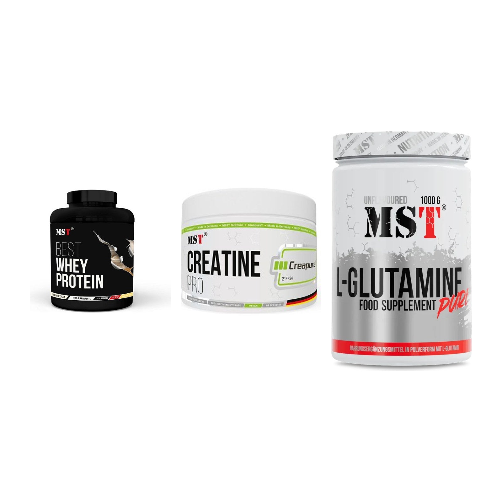 MST Marken-Trio: Best Whey Protein + Creatin Pro CREAPURE + Glutamine – alle enthaltenen Artikel