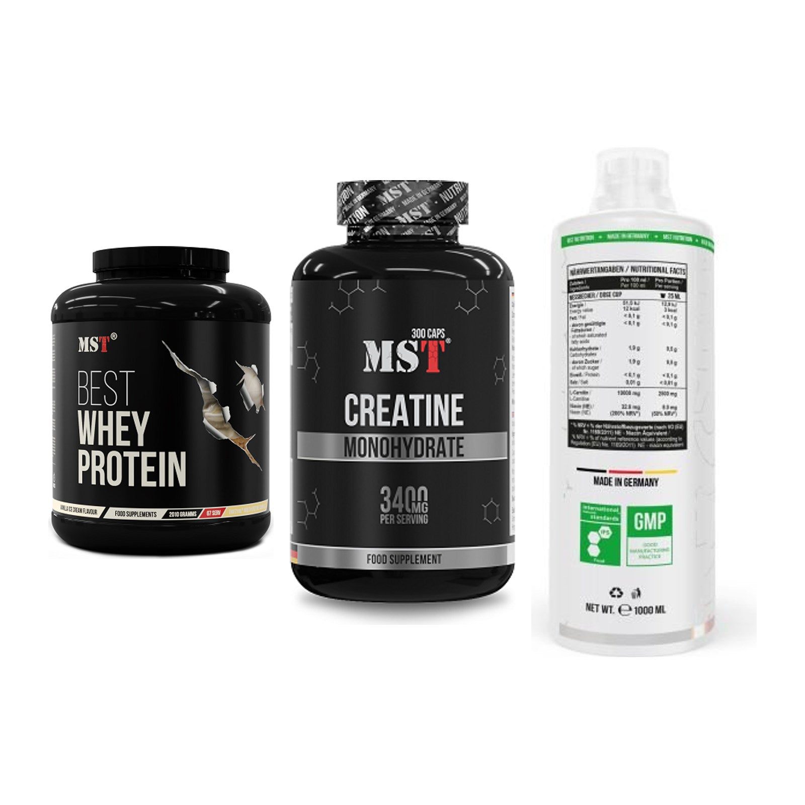 MST Marken-Trio: Best Whey + Creatine + L-Carnitine – alle enthaltenen Artikel
