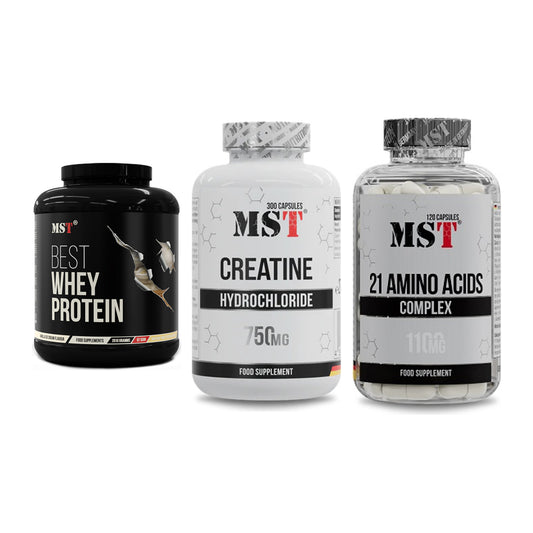 MST Marken-Trio: Best Whey + Creatine HCL + 21 Amino Acids – alle enthaltenen Artikel