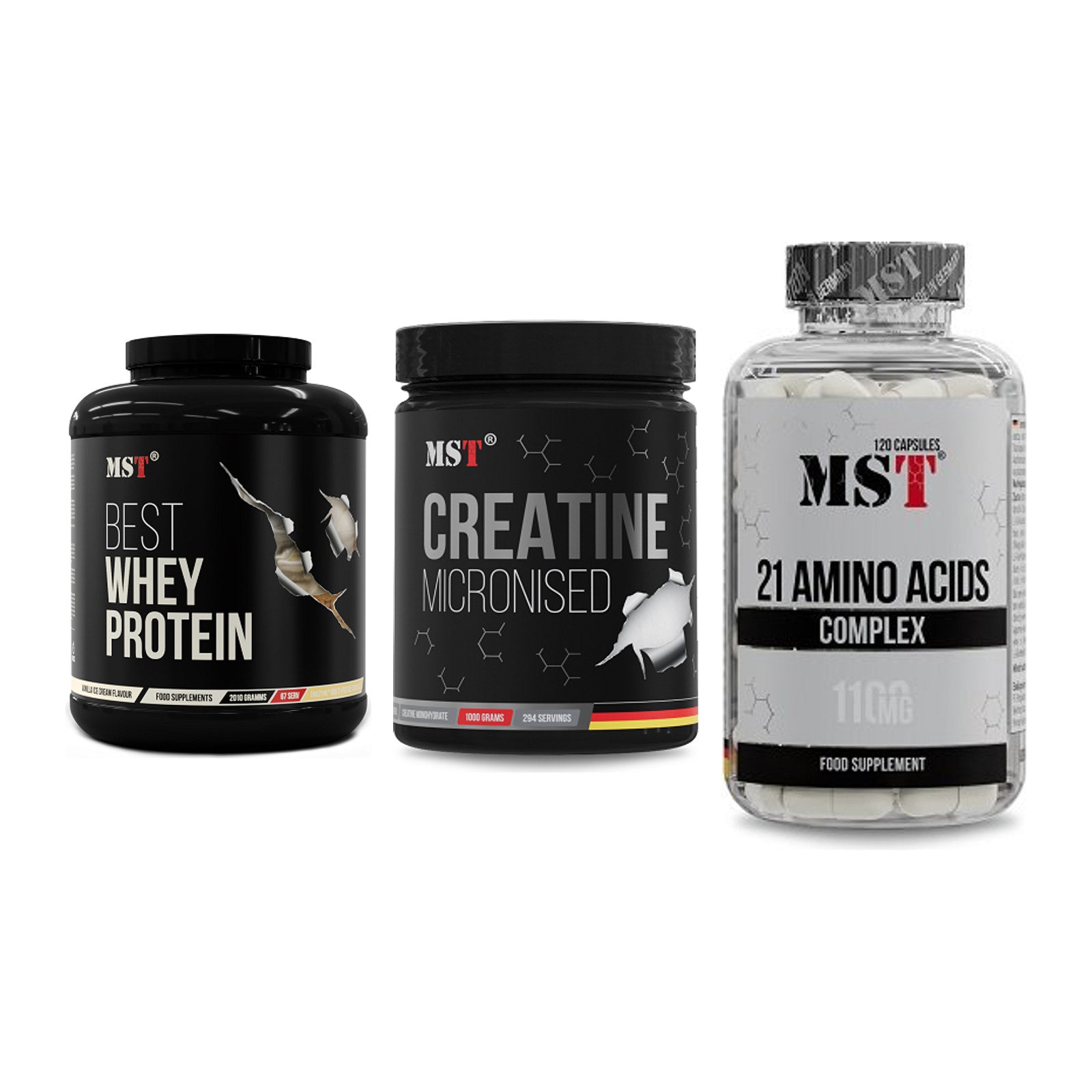 MST Marken-Trio: Best Whey + Creatin Monohyd + 21 Amino Acids – alle enthaltenen Artikel