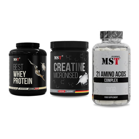 MST Marken-Trio: Best Whey + Creatin Monohyd + 21 Amino Acids – alle enthaltenen Artikel