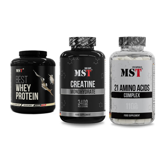 MST Marken-Trio: Best Whey + Creatine + 21 Amino Acids – alle enthaltenen Artikel