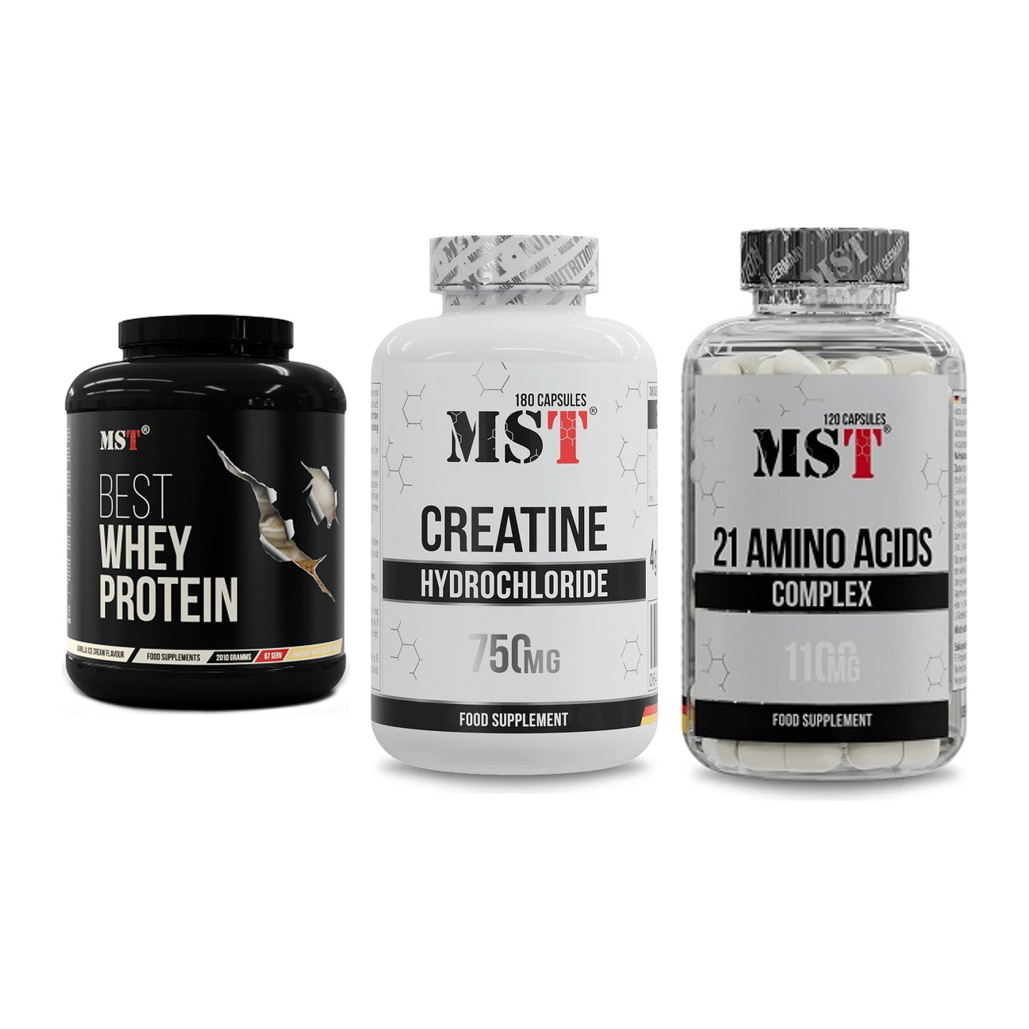 MST Marken-Trio: Best Whey Protein + Creatine HCL + 21 Amino Acids – alle enthaltenen Artikel