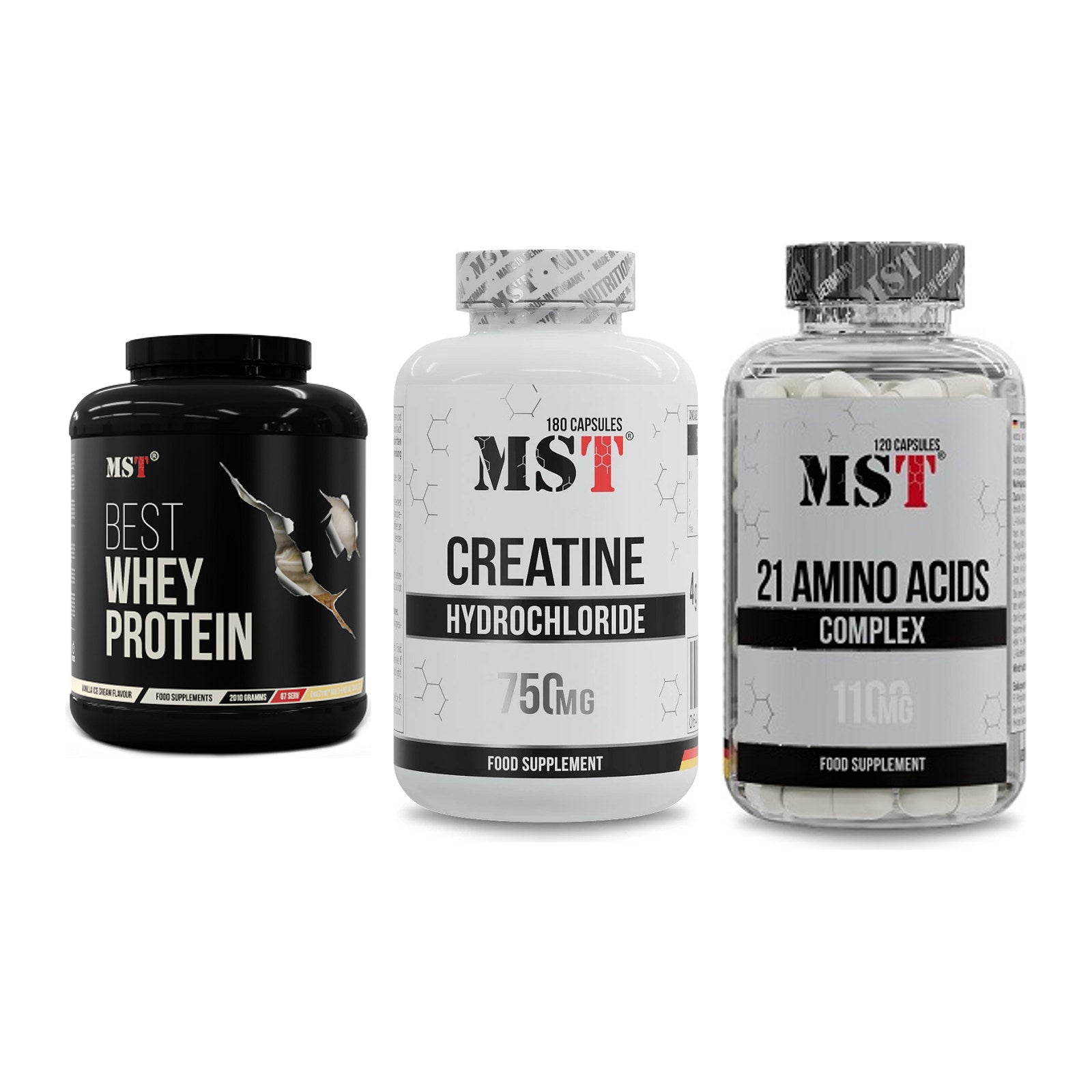 MST Marken-Trio: Best Whey Protein + Creatine HCL + 21 Amino Acids – alle enthaltenen Artikel