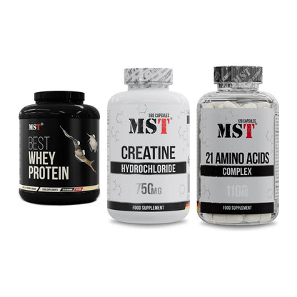 MST Marken-Trio: Best Whey Protein + Creatine HCL + 21 Amino Acids – alle enthaltenen Artikel