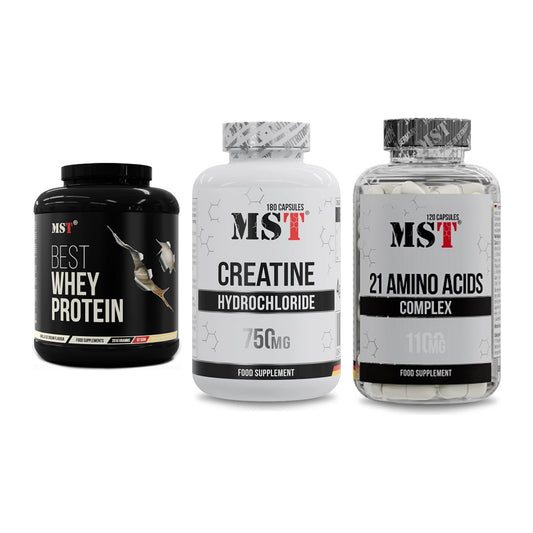 MST Marken-Trio: Best Whey Protein + Creatine HCL + 21 Amino Acids – alle enthaltenen Artikel