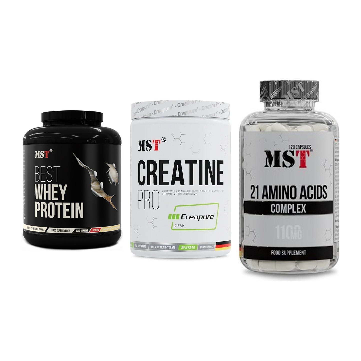 MST Marken-Trio: Best Whey + Creatin Pro + 21 Amino Acids – alle enthaltenen Artikel