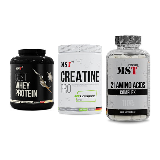 MST Marken-Trio: Best Whey + Creatin Pro + 21 Amino Acids – alle enthaltenen Artikel
