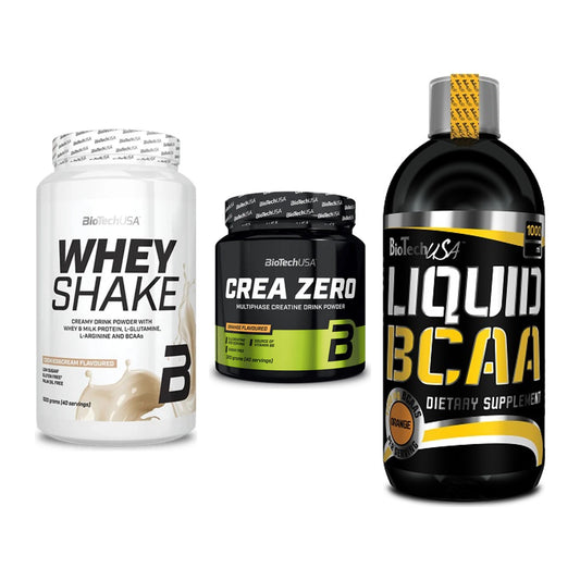 BioTech USA Marken-Trio: Whey Shake + Crea Zero + Liquid BCAA – alle enthaltenen Artikel