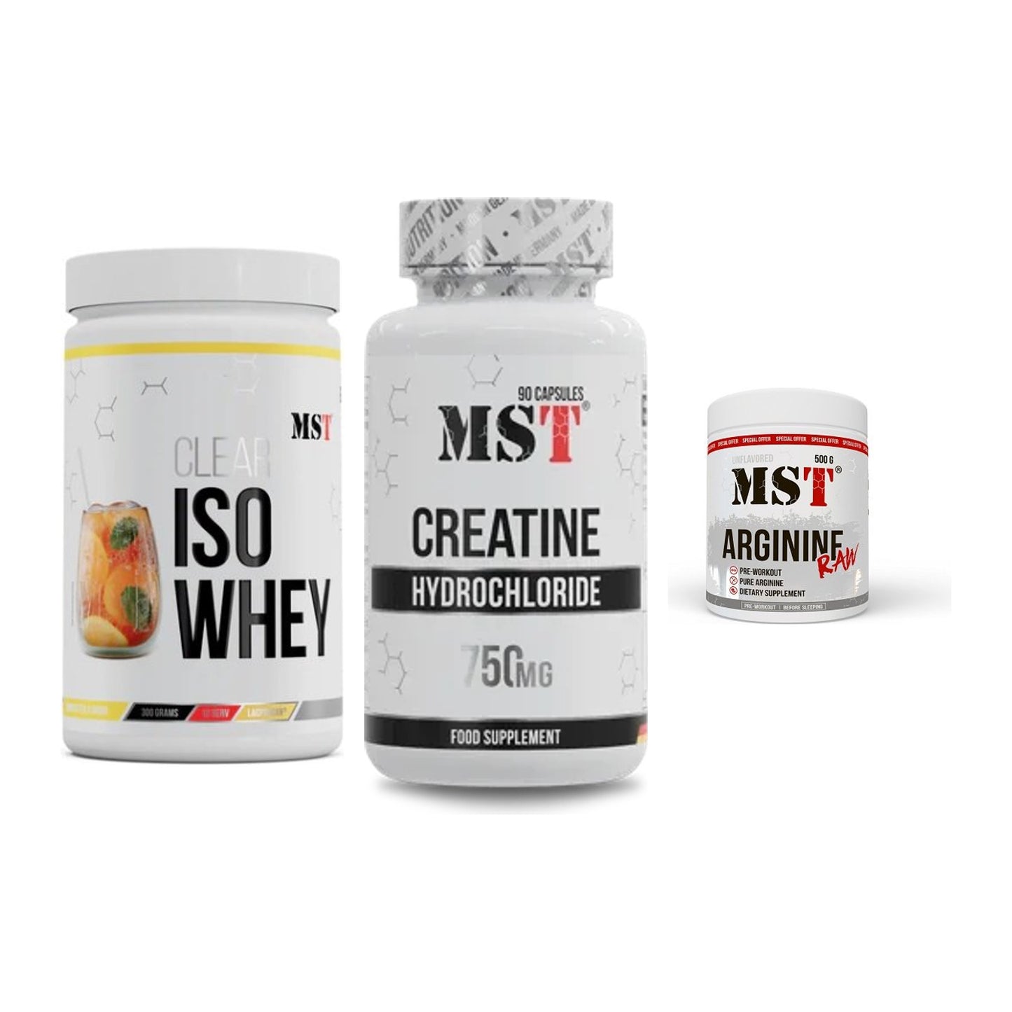 MST Marken-Trio: Iso Clear + Creatin HCL + Arginine RAW – alle enthaltenen Artikel