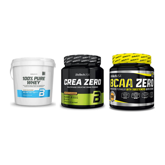 BioTech USA Marken-Trio: 100% Pure Whey + Crea Zero + BCAA Zero – alle enthaltenen Artikel