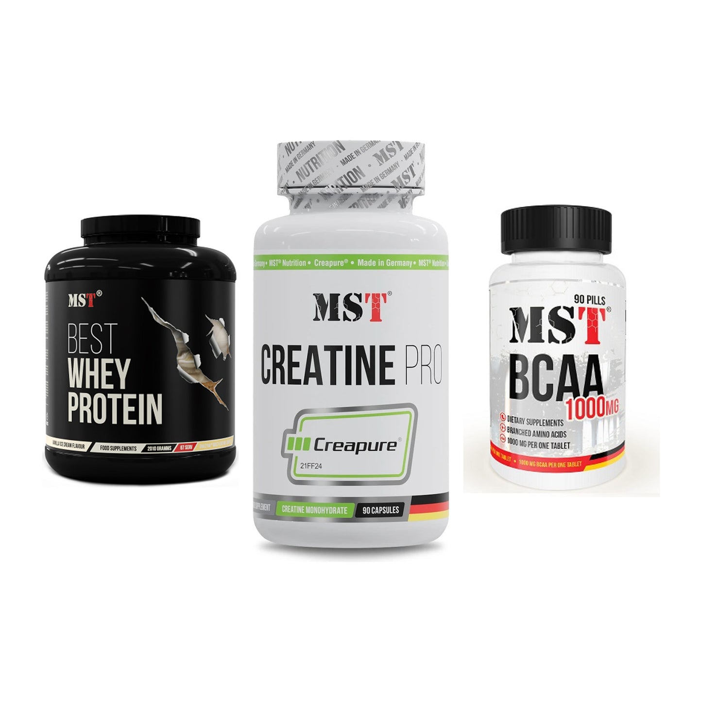 MST Marken-Trio: Best Whey + Creatine Pro + BCAA 1000 (90 – alle enthaltenen Artikel
