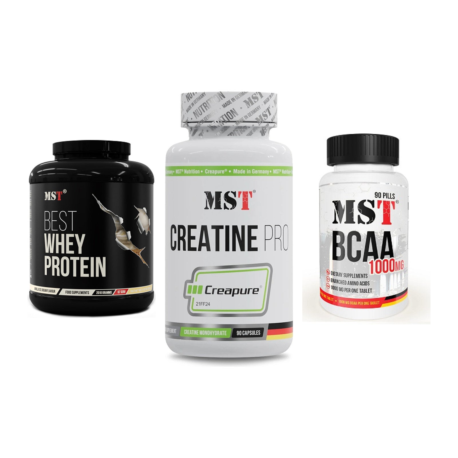 MST Marken-Trio: Best Whey + Creatine Pro + BCAA 1000 (90 – alle enthaltenen Artikel