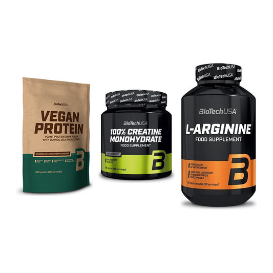 BioTech USA Marken-Trio: Vegan Protein + Creatine + L-Arginine – alle enthaltenen Artikel