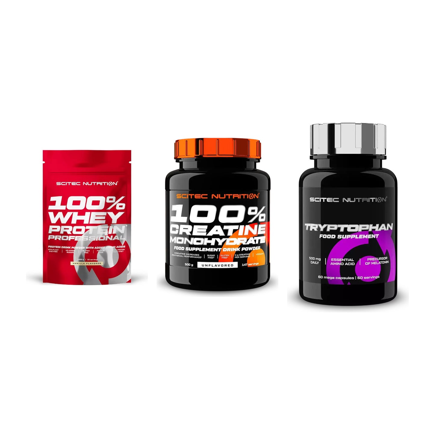 Scitec Nutrition Marken-Trio: 100% Whey + Creatine + 1 weitere – alle enthaltenen Artikel