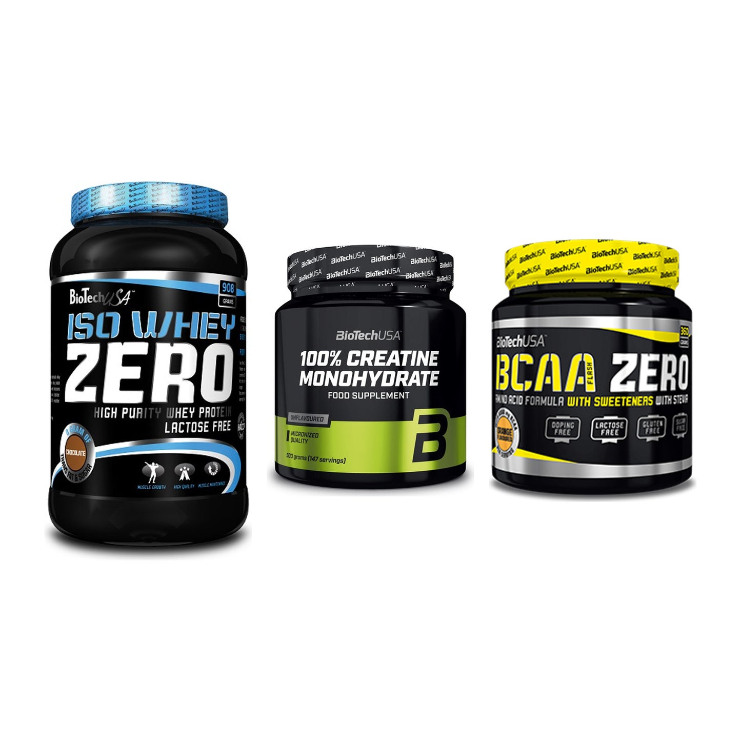 BioTech USA Marken-Trio: Iso Whey Zero + Creatine + BCAA Zero – alle enthaltenen Artikel