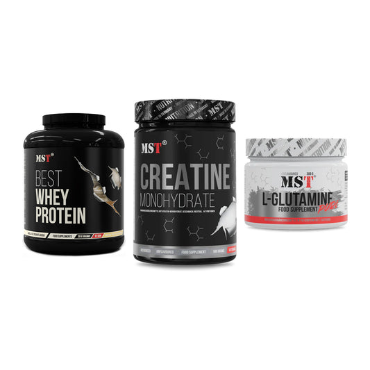 MST Marken-Trio: Best Whey Protein + Creatin Monohydrate + Glutamine – alle enthaltenen Artikel