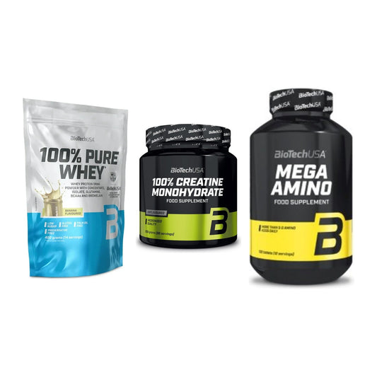 BioTech USA Marken-Trio: 100% Pure + Creatine + Mega Amino – alle enthaltenen Artikel