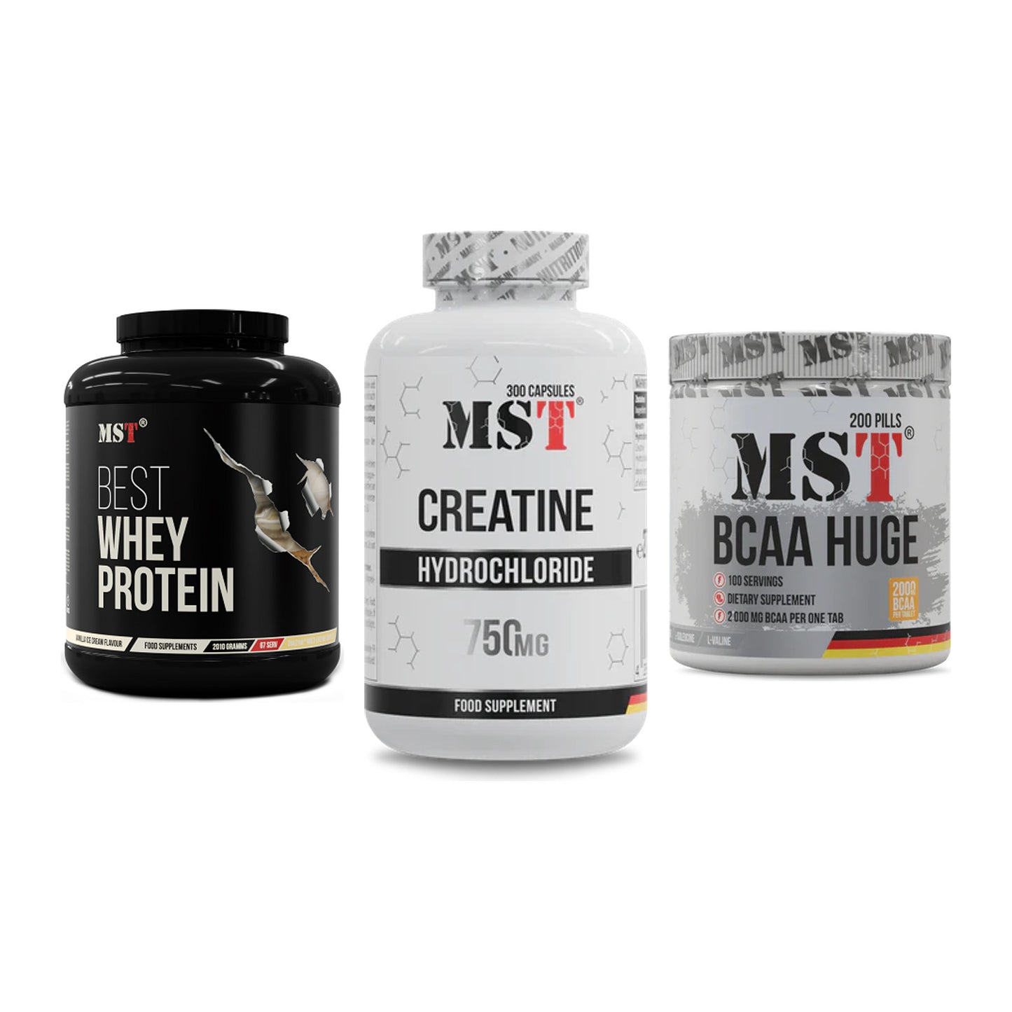 MST Marken-Trio: Best Whey + Creatine HCL + BCAA Huge 200 – alle enthaltenen Artikel