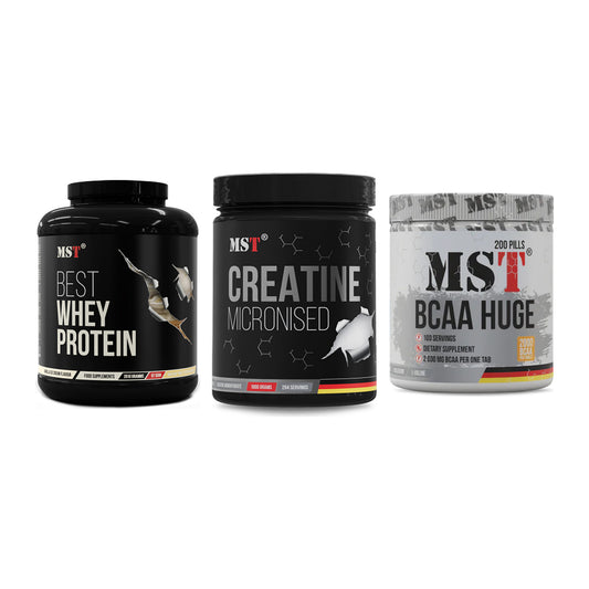 MST Marken-Trio: Best Whey + Creatin Monohyd + BCAA Huge 200 – alle enthaltenen Artikel